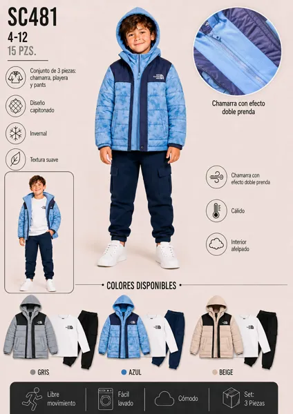Conjunto invernal de 3 piezas con chamarra capitonada de capucha, playera y pants para niño