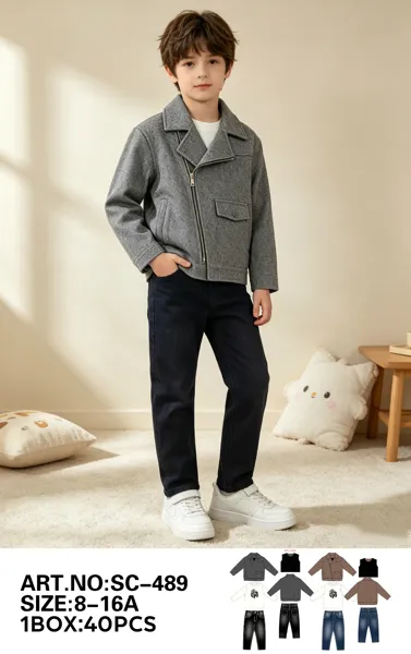 Conjunto de 4 piezas con chaqueta biker de lana, chaleco, playera New York y jeans para niño
