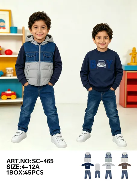 Conjunto de 3 piezas con chaleco de mezclilla con capucha, suéter y jeans para niño