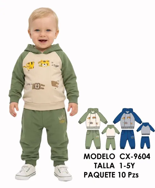 Conjunto de 2 piezas con sudadera de capucha, jogger y estampado de tigre y león para niño