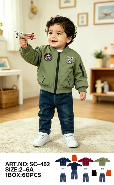 Conjunto de 3 piezas con chamarra bomber aviador, playera y jeans para niño