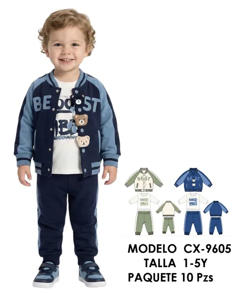 Conjunto de 3 piezas con chamarra varsity, playera y pantalón jogger para niño