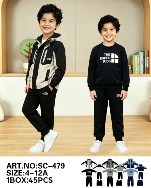 Conjunto de 3 piezas con chamarra de capucha, sudadera y pants The Super Kids para niño