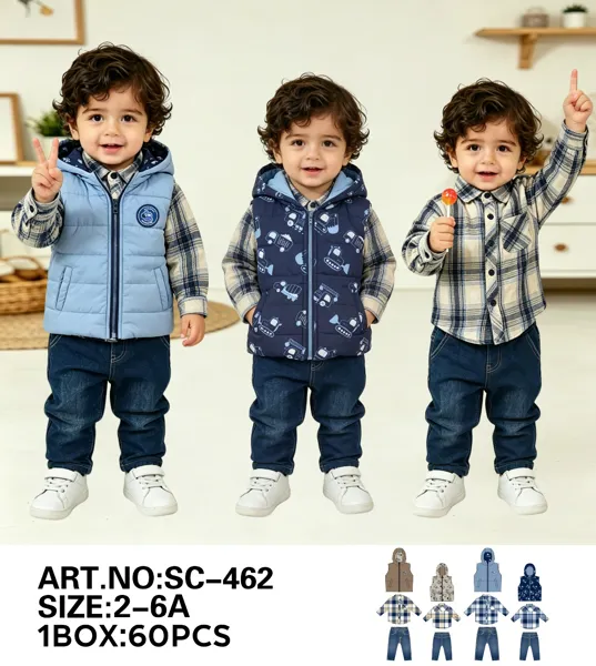 Conjunto de 3 piezas con chaleco acolchado de capucha, camisa a cuadros y jeans para niño