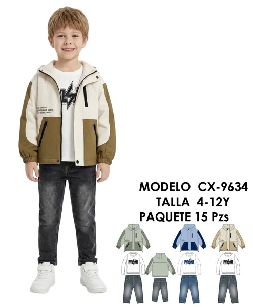 Conjunto de 3 piezas con chamarra rompevientos de capucha, playera y jeans para niño