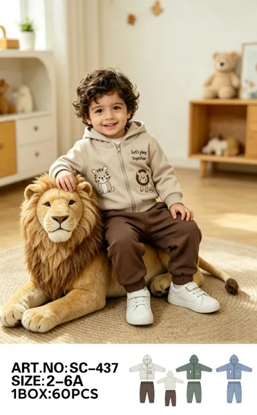 Conjunto de 2 piezas con capucha, chamarra y jogger con estampado de león y tigre para niño