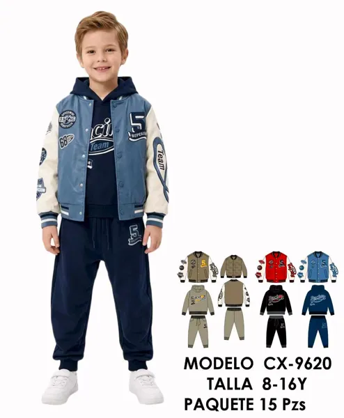 Conjunto de 3 piezas con chamarra tipo béisbol, sudadera con capucha y pantalón jogger para niño