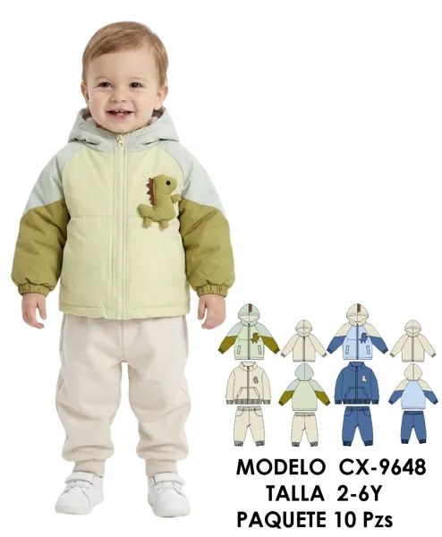Conjunto de 2 piezas con chamarra acolchada con capucha y aplique de dinosaurio para niño