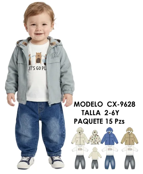 Conjunto de 3 piezas con capucha, chamarra, playera y jeans con estampado de osito para niño