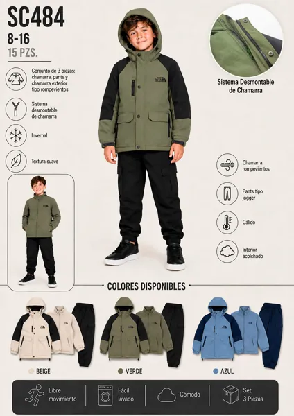 Conjunto invernal de 3 piezas con chamarra rompevientos desmontable, forro polar y pants para niño