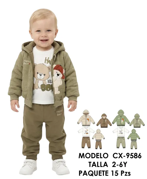 Conjunto de 3 piezas con chamarra con capucha, playera y pantalón tema Happy Bear para niño