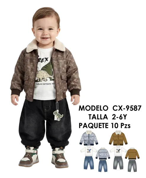 Conjunto de 3 piezas con chamarra efecto piel con cuello de borrega, playera y jeans de dinosaurio para niño