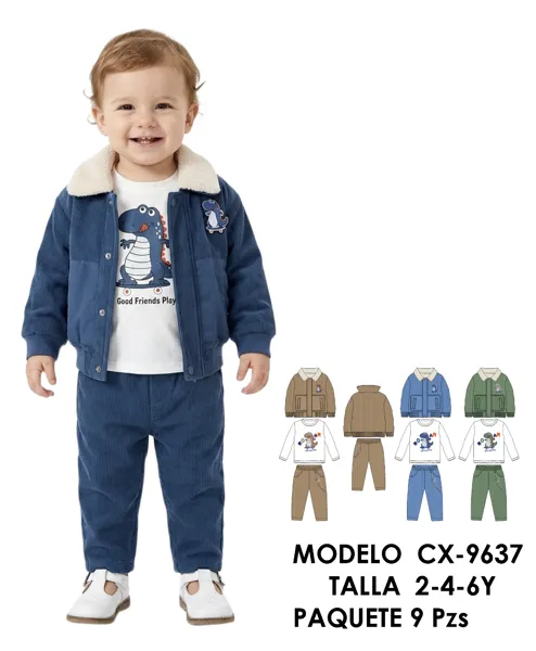Conjunto de chamarra de pana con cuello de peluche, playera y pantalón para niño