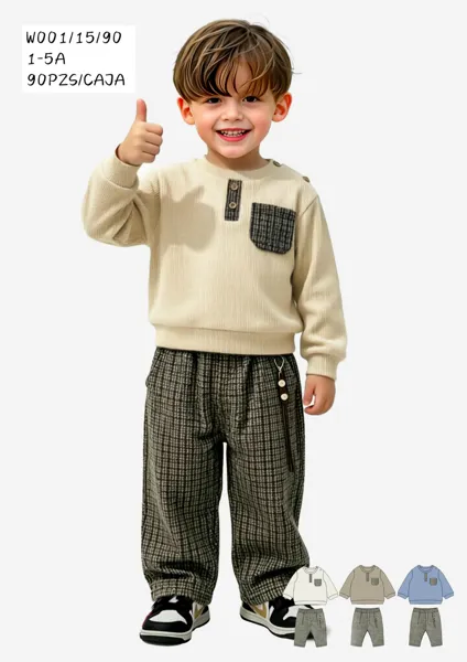 Conjunto de 2 piezas con playera tipo henley y pantalón a cuadros para niño