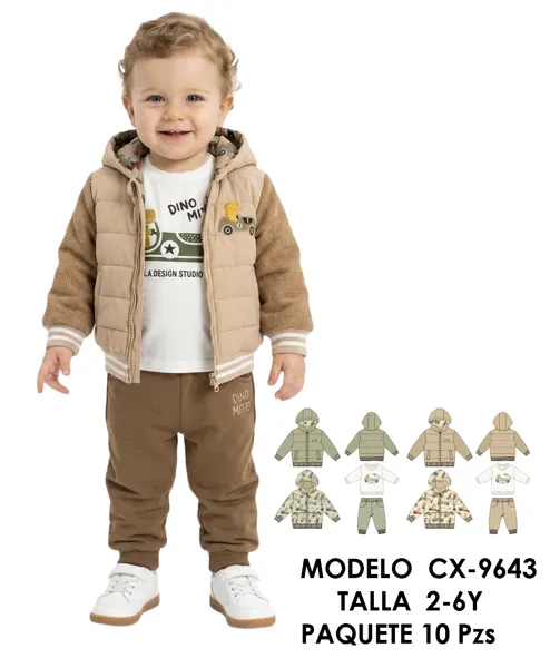 Conjunto de 3 piezas con chaleco acolchado con capucha, playera y pantalón con estampado de dinosaurio para niño