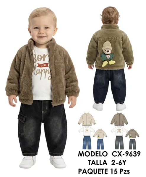 Conjunto de 3 piezas con chaqueta de peluche, playera y jeans con aplicación de osito para niño