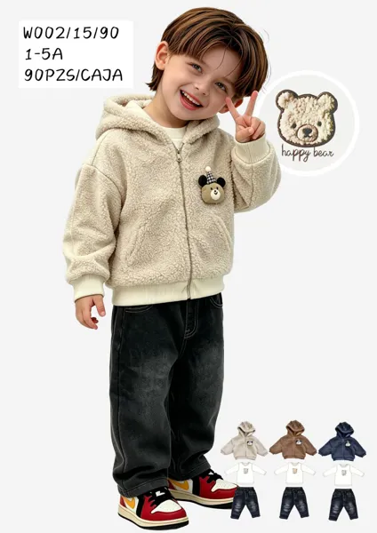 Conjunto de chamarra de peluche con capucha, playera y jeans tema Happy Bear para niño