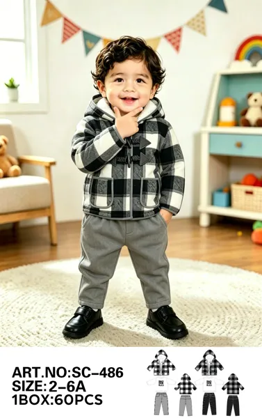 Conjunto de 3 piezas con chaqueta a cuadros con capucha, playera y pantalón para niño