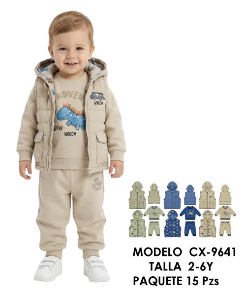 Conjunto de 3 piezas con chaleco acolchado con capucha, sudadera y jogger con estampado de dinosaurios para niño
