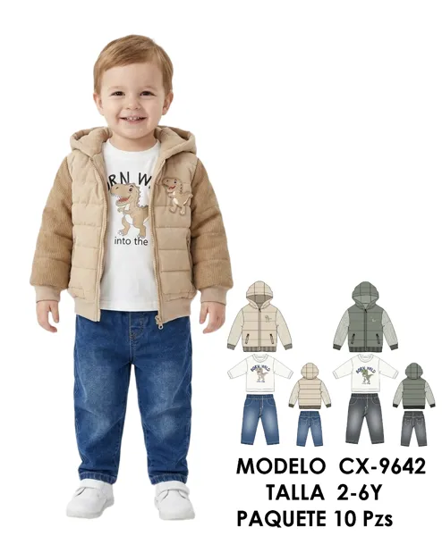Conjunto de 3 piezas con chaleco acolchado con capucha y mangas de pana, playera y jeans de dinosaurio para niño