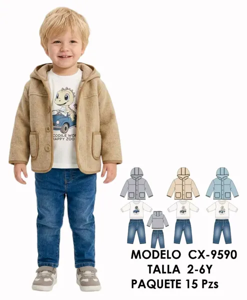Conjunto de 3 piezas con saco de lana con capucha, playera de dinosaurio y jeans para niño