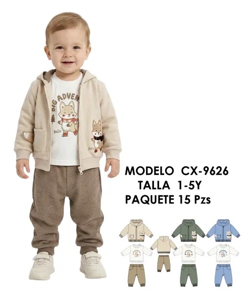 Conjunto de 3 piezas con chamarra con capucha y cierre, playera y pantalón con estampado de zorro para niño