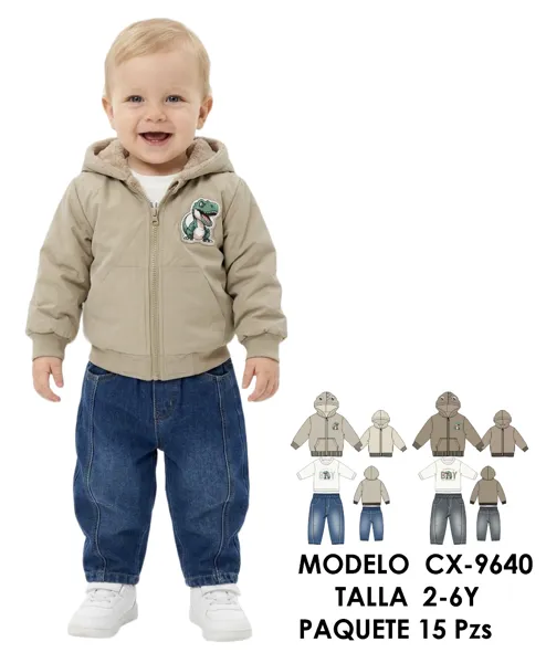 Conjunto de 3 piezas con chamarra con capucha y dinosaurio bordado, playera y jeans para niño
