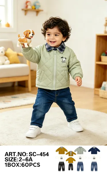 Conjunto de 3 piezas con chamarra acolchada con cuello a cuadros, playera y jeans con perrito para niño