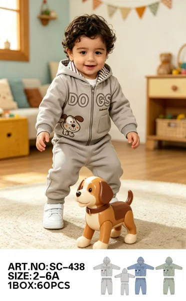 Conjunto de 2 piezas con capucha, chamarra con cierre y pantalón con estampado de perritos para niño