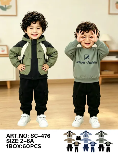 Conjunto deportivo de 3 piezas con chamarra rompevientos con capucha, sudadera y pantalón cargo para niño