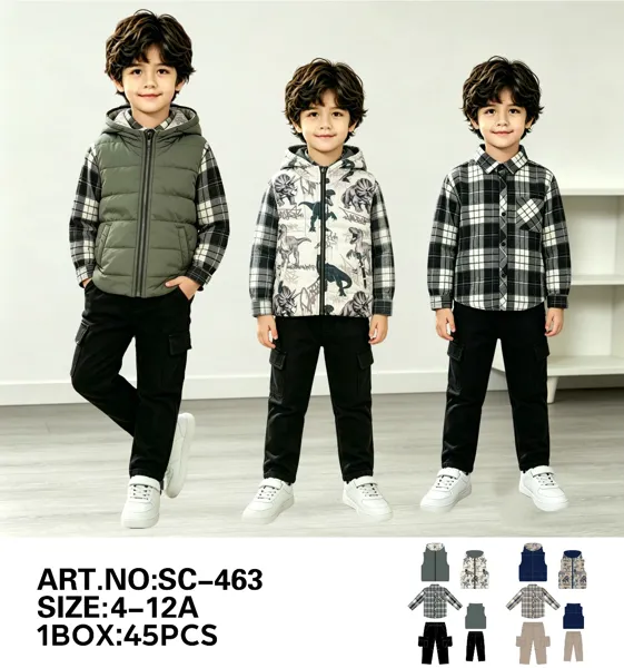 Conjunto de 3 piezas con chaleco acolchado con capucha, camisa a cuadros y pantalón cargo para niño
