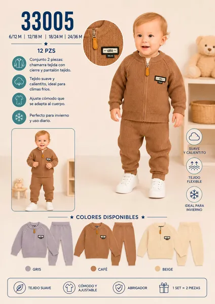 Conjunto de 2 piezas tejido con chamarra con cierre y pantalón para niño