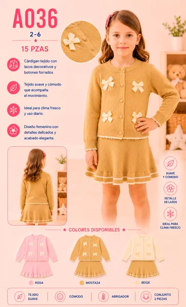 Conjunto de 2 piezas de punto con cárdigan de lazos decorativos y falda para niña