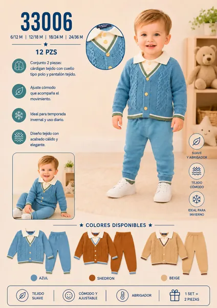 Conjunto de 2 piezas de punto con cárdigan cuello polo y pantalón para niño
