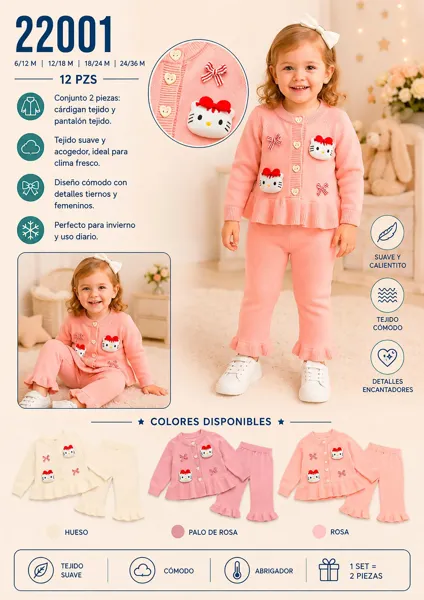 Conjunto de 2 piezas tejido con cárdigan de gatita y volante y pantalón para niña