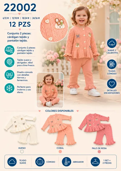 Conjunto de 2 piezas tejido con cárdigan y pantalón de punto para niña