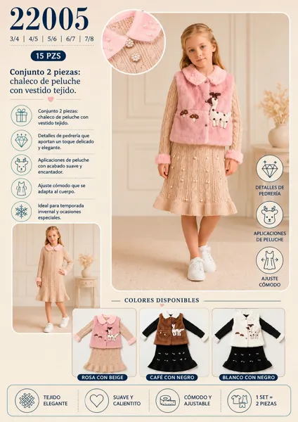 Conjunto de 2 piezas con chaleco de peluche y vestido tejido para niña