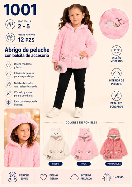 Abrigo de peluche con gorro de orejitas y conejo bordado para niña