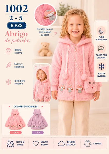 Abrigo de peluche invernal con gorro de orejitas e interior afelpado para niña