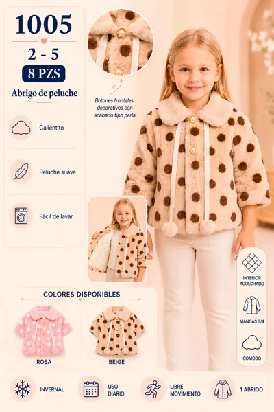 Abrigo de peluche de lunares con mangas 3/4 y botones tipo perla para niña