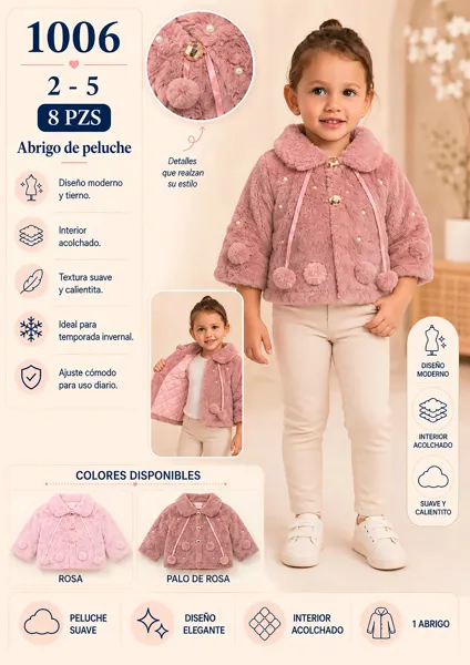 Abrigo de peluche con interior acolchado, perlas y pompones para niña