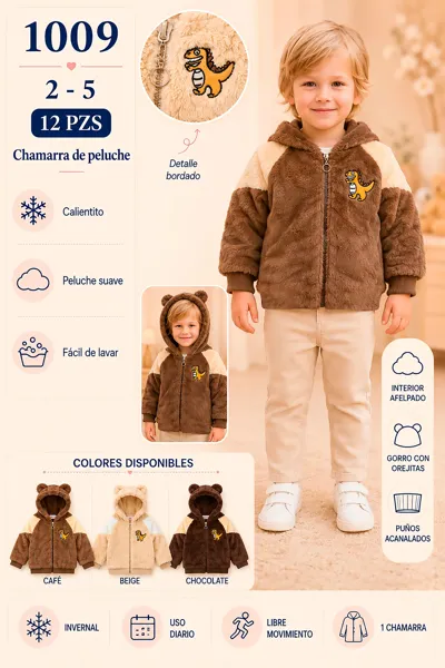 Chamarra de peluche con gorro de orejitas y dinosaurio bordado para niño