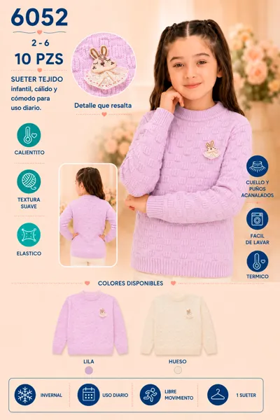Sudadera tejida con bordado de conejito y puños acanalados para niña