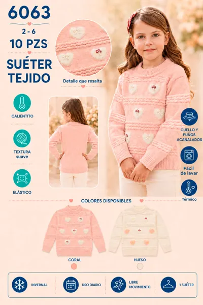 Sudadera tejida invernal con detalles de corazones de peluche para niña