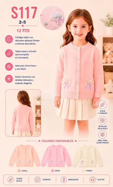 Cárdigan tejido con apliques florales y botones decorativos para niña