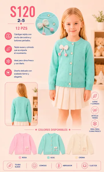 Cárdigan tejido con moño decorativo y botones perlados para niña