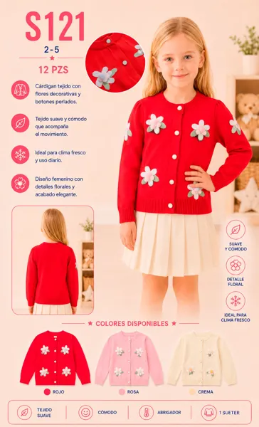 Cárdigan tejido con flores decorativas y botones perlados para niña