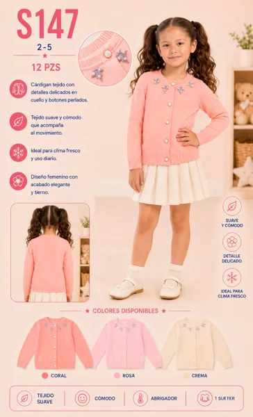 Cárdigan tejido con botones perlados y detalle bordado para niña
