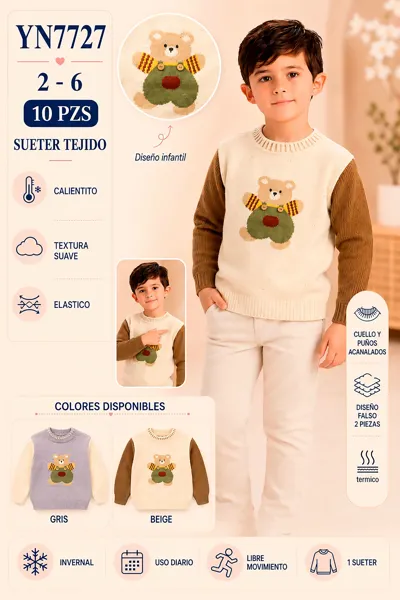 Sudadera tejida con oso y diseño falso de 2 piezas para niño