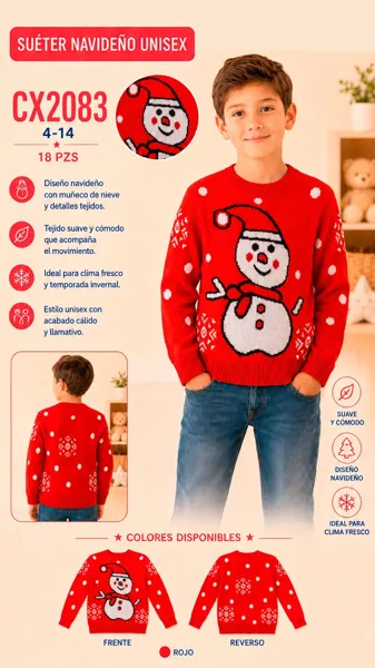 Sudadera navideña tejida con muñeco de nieve para niño